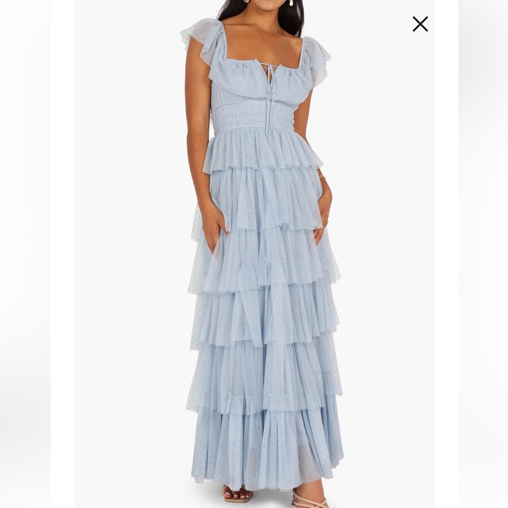 NWT Petal & Pup Belle Swiss Dot Tulle Tiered Maxi Dress Light Blue (Size L)